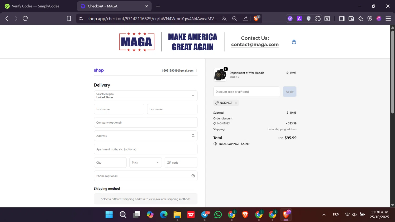 MAGA coupon code screenshot showing code NOKINGS applied at MAGA checkout page. Uploaded by SimplyCodes community member Toji_fushiguro on Oct 25, 2025