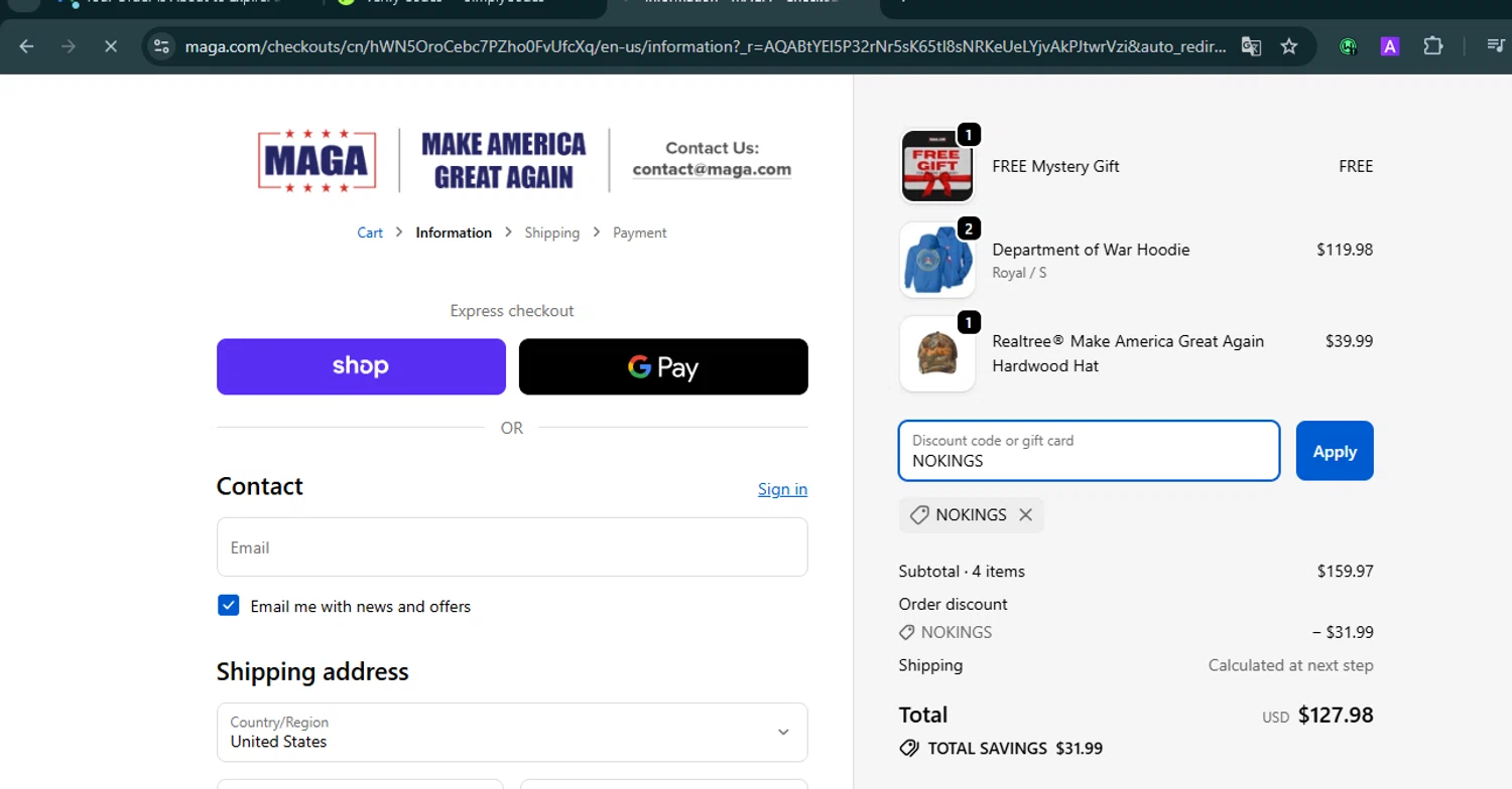 MAGA coupon code screenshot showing code NOKINGS applied at MAGA checkout page. Uploaded by SimplyCodes community member VoucherHero6322 on Nov 17, 2025