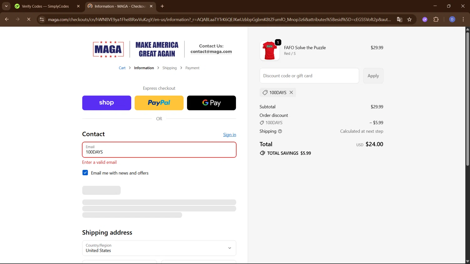 MAGA checkout page showing MAGA coupon code box | Screenshot taken by SimplyCodes community member on Feb 7, 2026