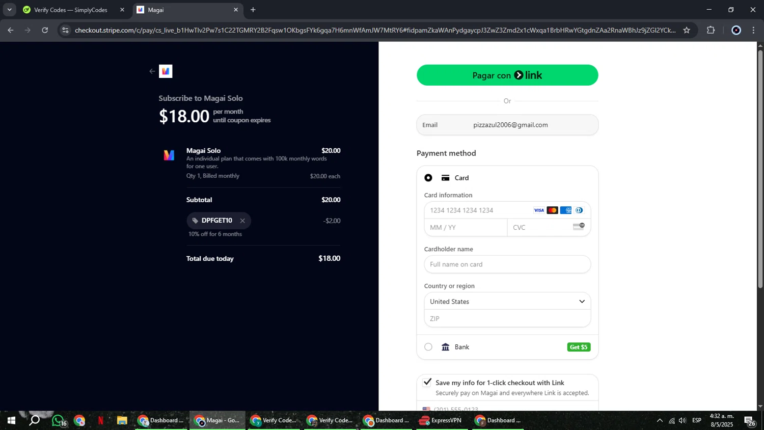 Magai promo code screenshot showing code DPFGET10 applied at Magai checkout page. Uploaded by SimplyCodes community member RoyalBoss4384 on May 8, 2025