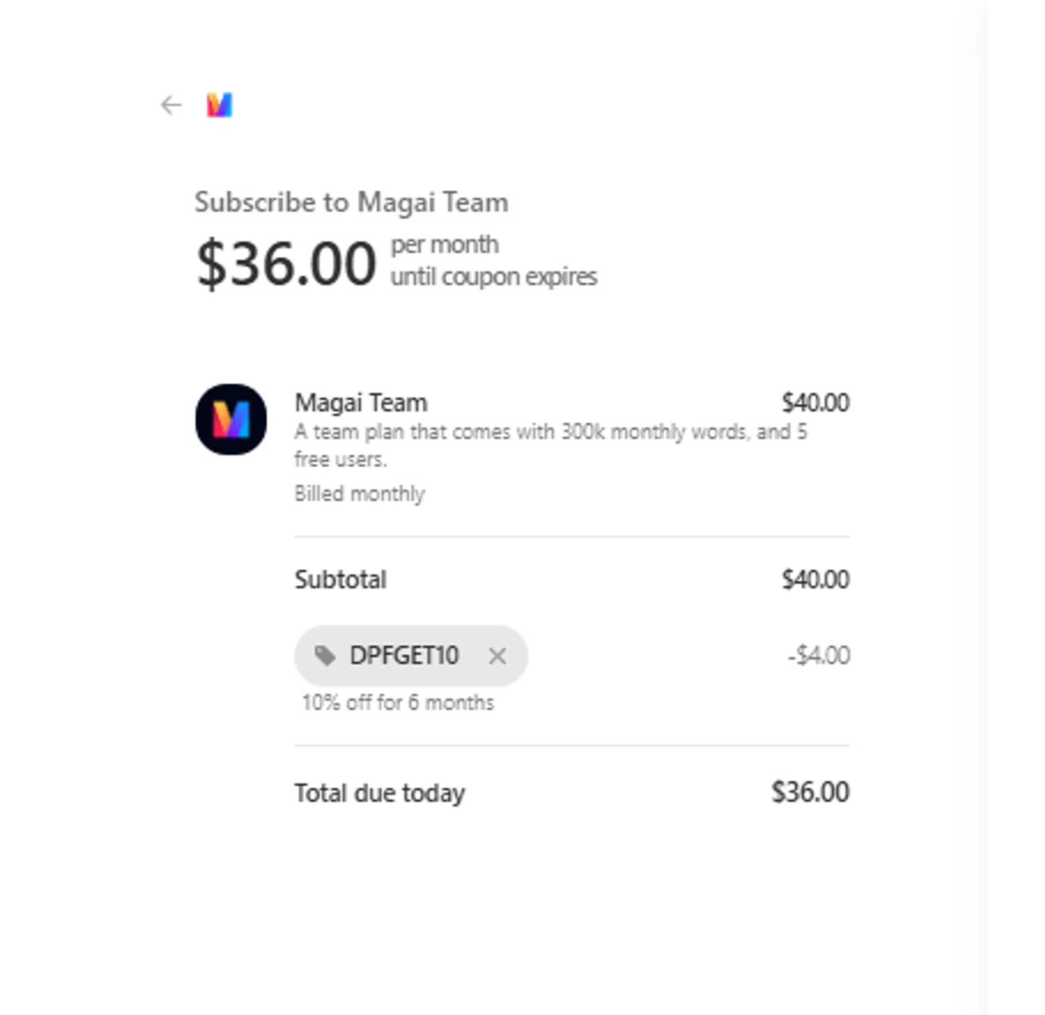 Magai promo code screenshot showing code DPFGET10 applied at Magai checkout page. Uploaded by SimplyCodes community member Toundjiale on Nov 25, 2025