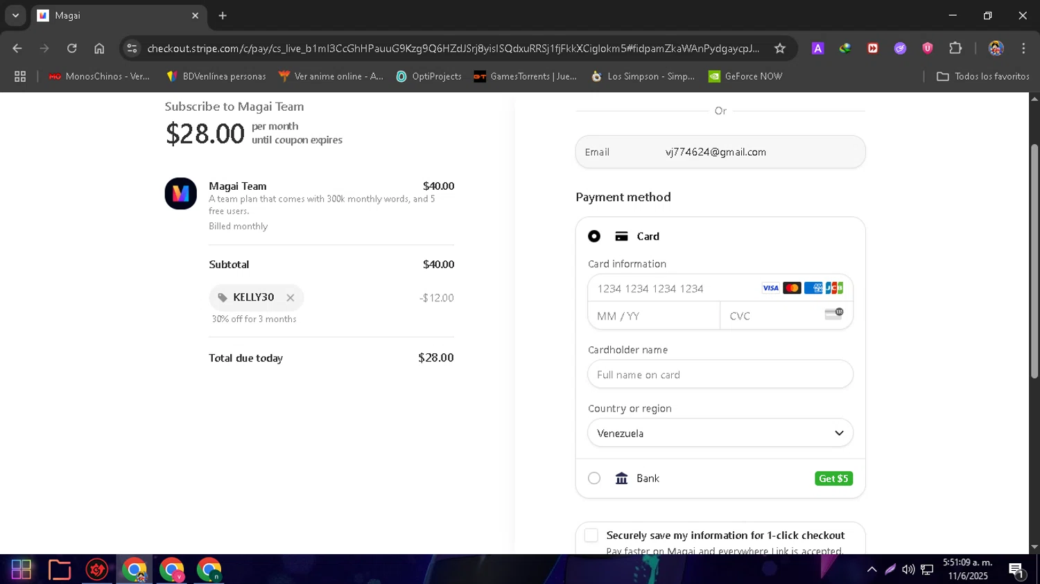 Magai promo code screenshot showing code KELLY30 applied at Magai checkout page. Uploaded by SimplyCodes community member ThriftyTitan4052 on Jun 11, 2025