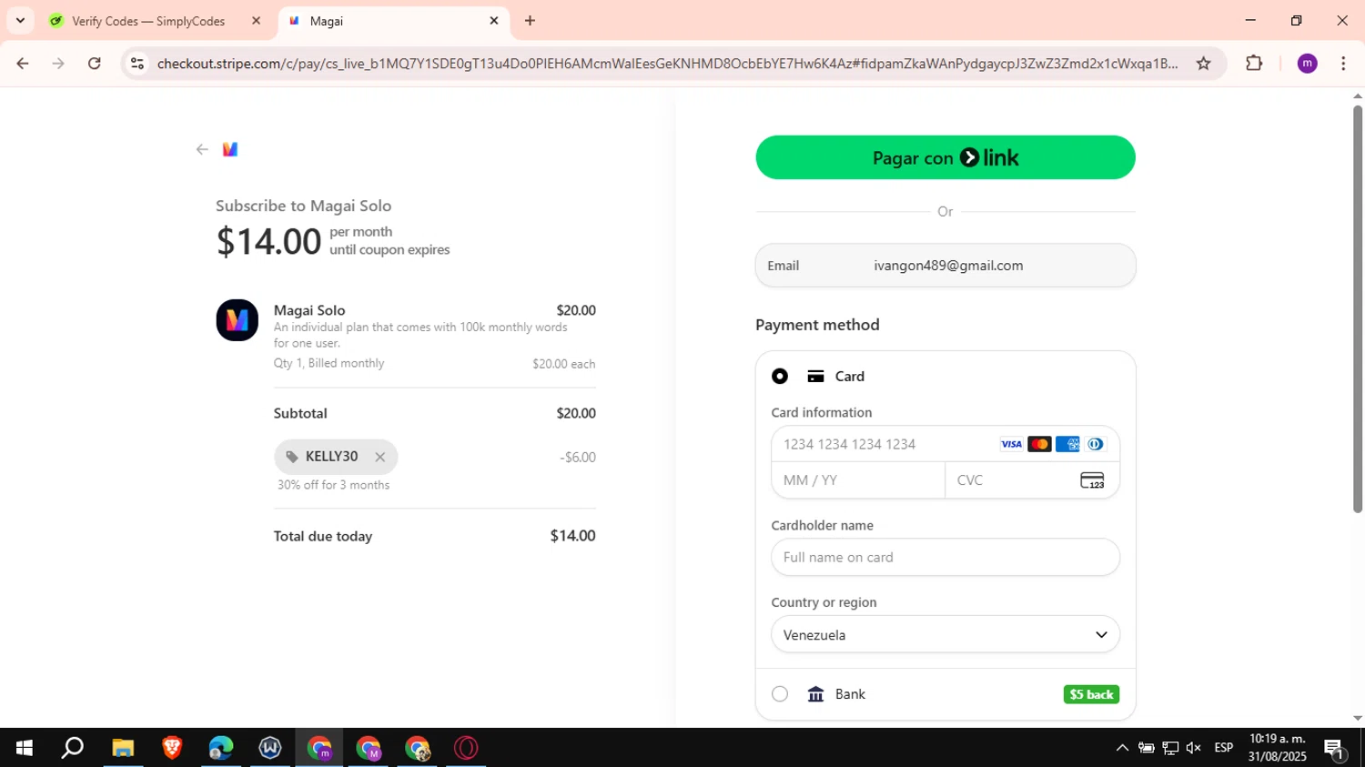 Magai promo code screenshot showing code KELLY30 applied at Magai checkout page. Uploaded by SimplyCodes community member VictoriousCurator6515 on Aug 31, 2025