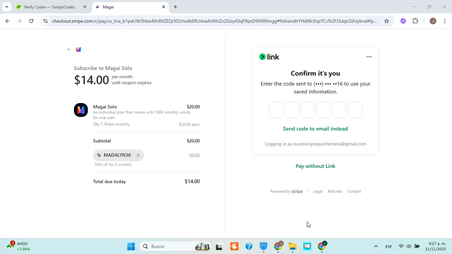 Magai promo code screenshot showing code MADALYN30 applied at Magai checkout page. Uploaded by SimplyCodes community member ABHF23 on Nov 11, 2025