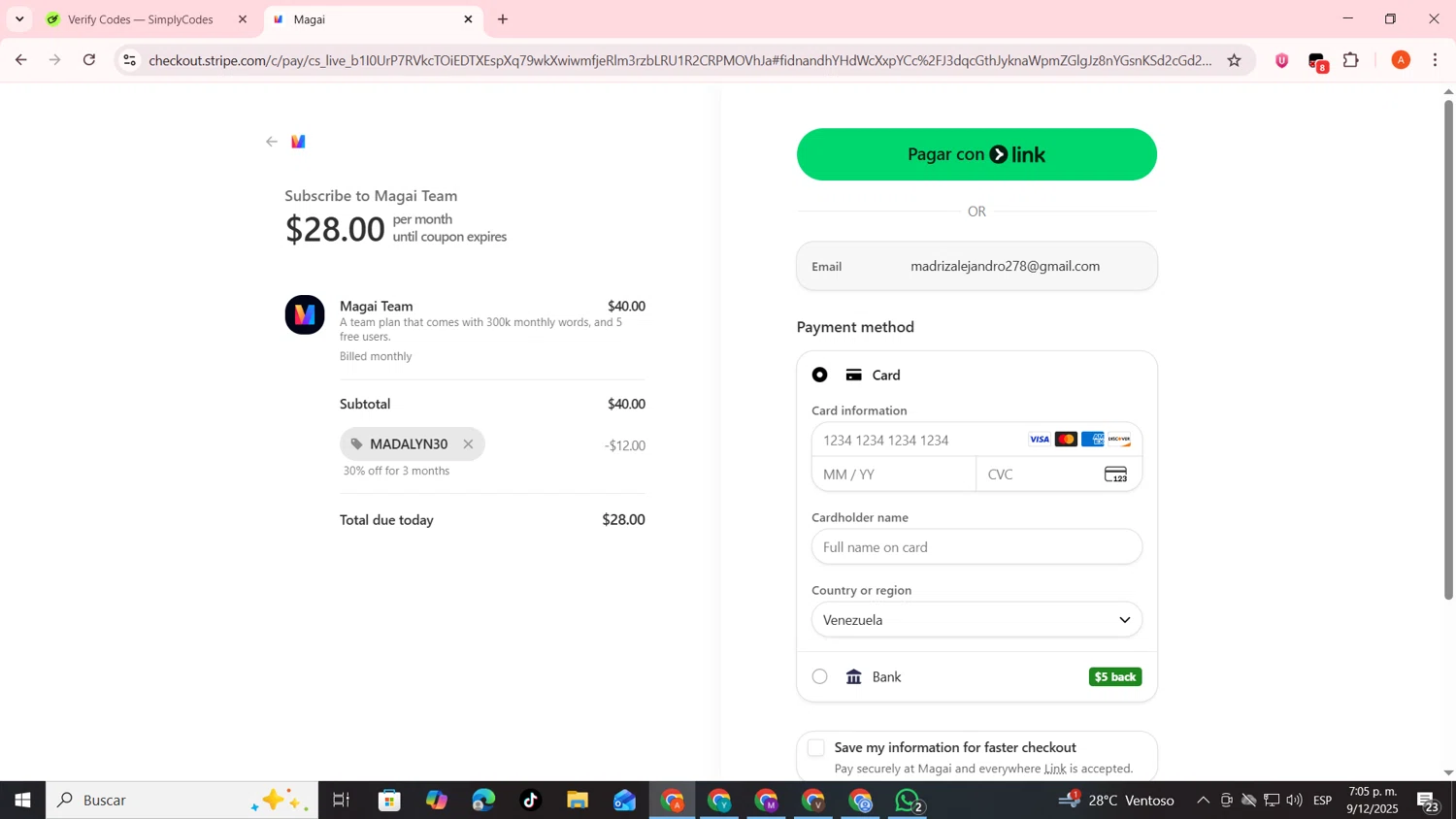 Magai promo code screenshot showing code MADALYN30 applied at Magai checkout page. Uploaded by SimplyCodes community member FrugalSentinel6206 on Dec 9, 2025