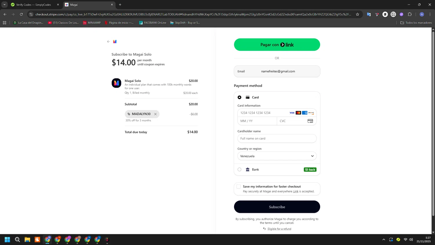 Magai promo code screenshot showing code MADALYN30 applied at Magai checkout page. Uploaded by SimplyCodes community member RoyalGuardian2978 on Nov 21, 2025