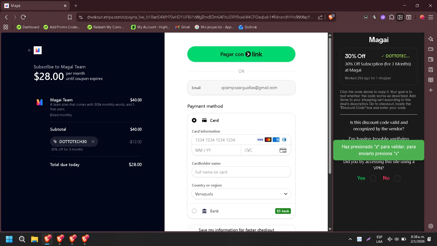 Magai checkout page showing Magai promo code box | Screenshot taken by SimplyCodes community member on Jan 2, 2026