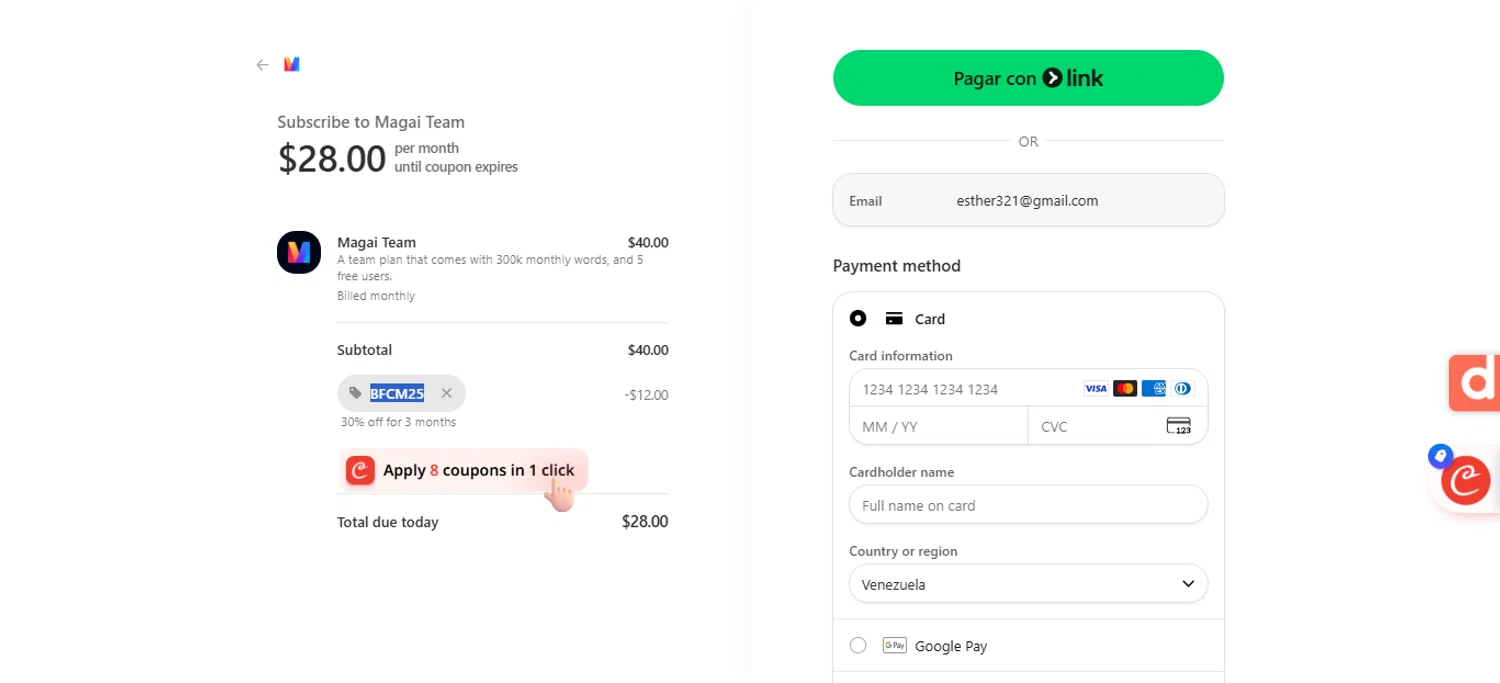Magai promo code screenshot showing code BFCM25 applied at Magai checkout page. Uploaded by SimplyCodes community member ESTHER3121 on Dec 4, 2025