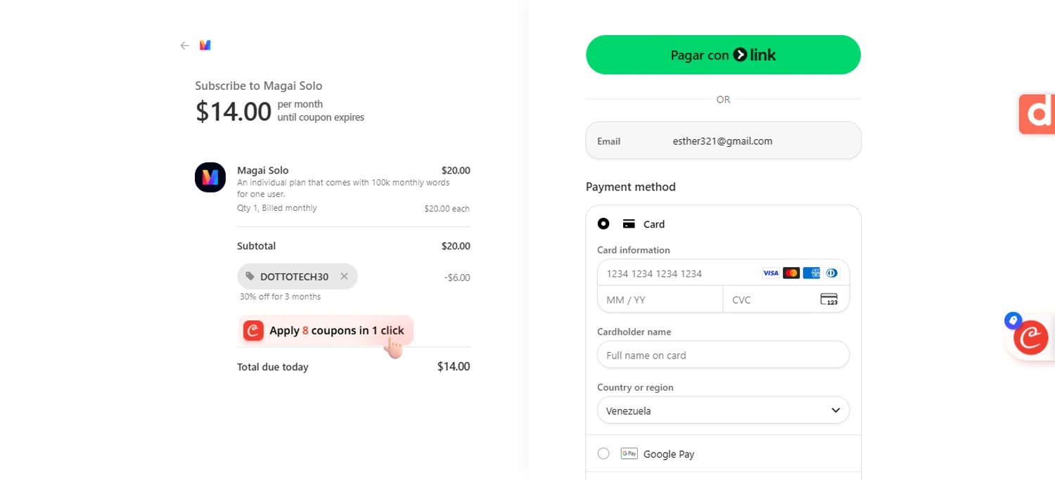 Magai promo code screenshot showing code DOTTOTECH30 applied at Magai checkout page. Uploaded by SimplyCodes community member ESTHER3121 on Dec 4, 2025