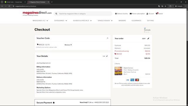 Magazines Direct checkout page showing Magazines Direct promo code box | Screenshot taken by SimplyCodes community member on Aug 6, 2025