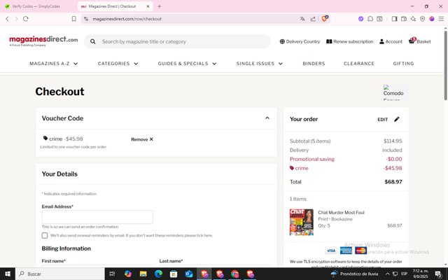 Magazines Direct checkout page showing Magazines Direct promo code box | Screenshot taken by SimplyCodes community member on Aug 9, 2025