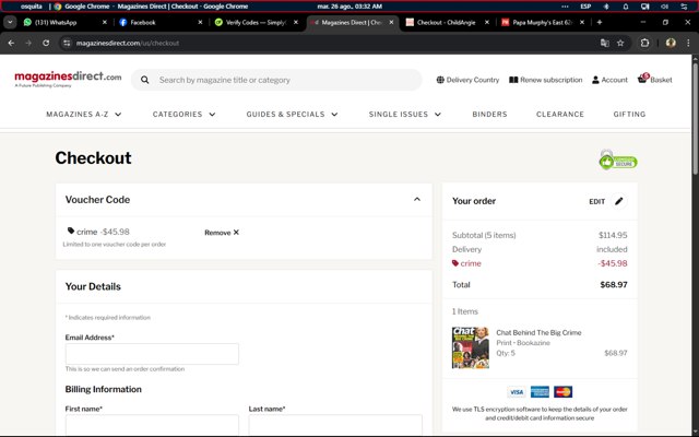 Magazines Direct checkout page showing Magazines Direct promo code box | Screenshot taken by SimplyCodes community member on Aug 26, 2025
