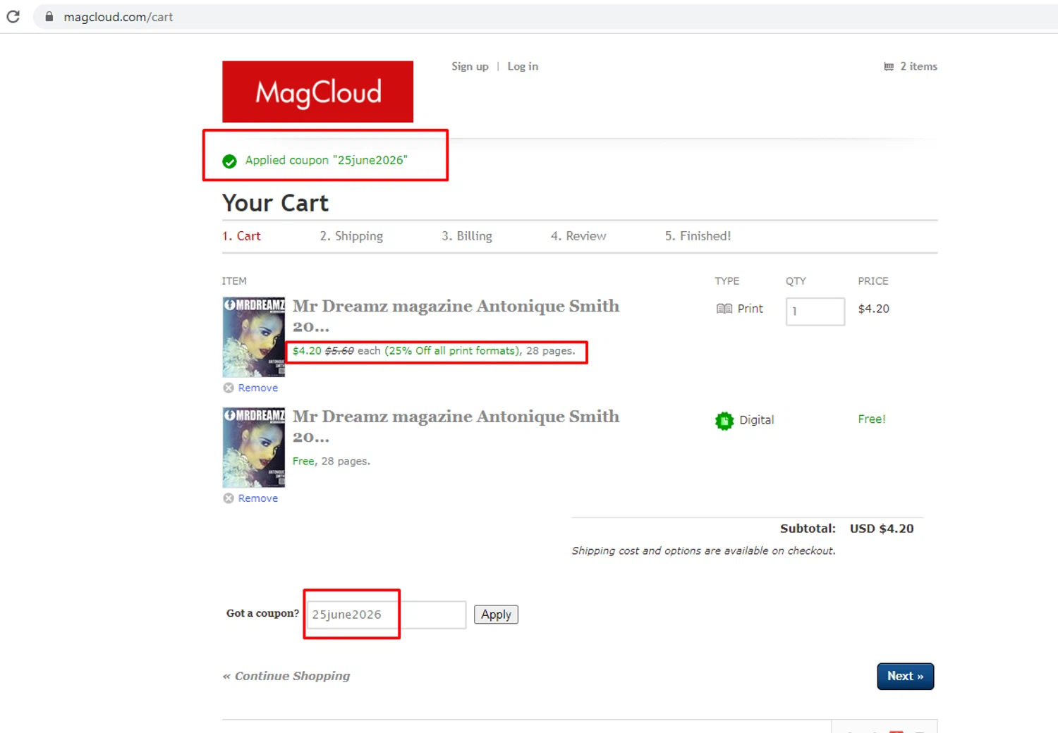 MagCloud promo code screenshot showing code 25june2026 applied at MagCloud checkout page. Uploaded by SimplyCodes community member nileskamarcano on Jun 6, 2026