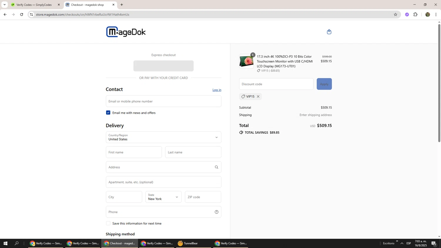 MageDok promo code screenshot showing code VIP15 applied at MageDok checkout page. Uploaded by SimplyCodes community member Phoenix585 on Aug 16, 2025