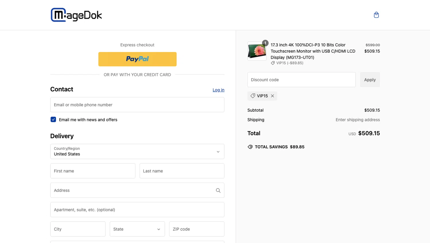 MageDok promo code screenshot showing code VIP15 applied at MageDok checkout page. Uploaded by SimplyCodes community member Peluche on Jan 8, 2025