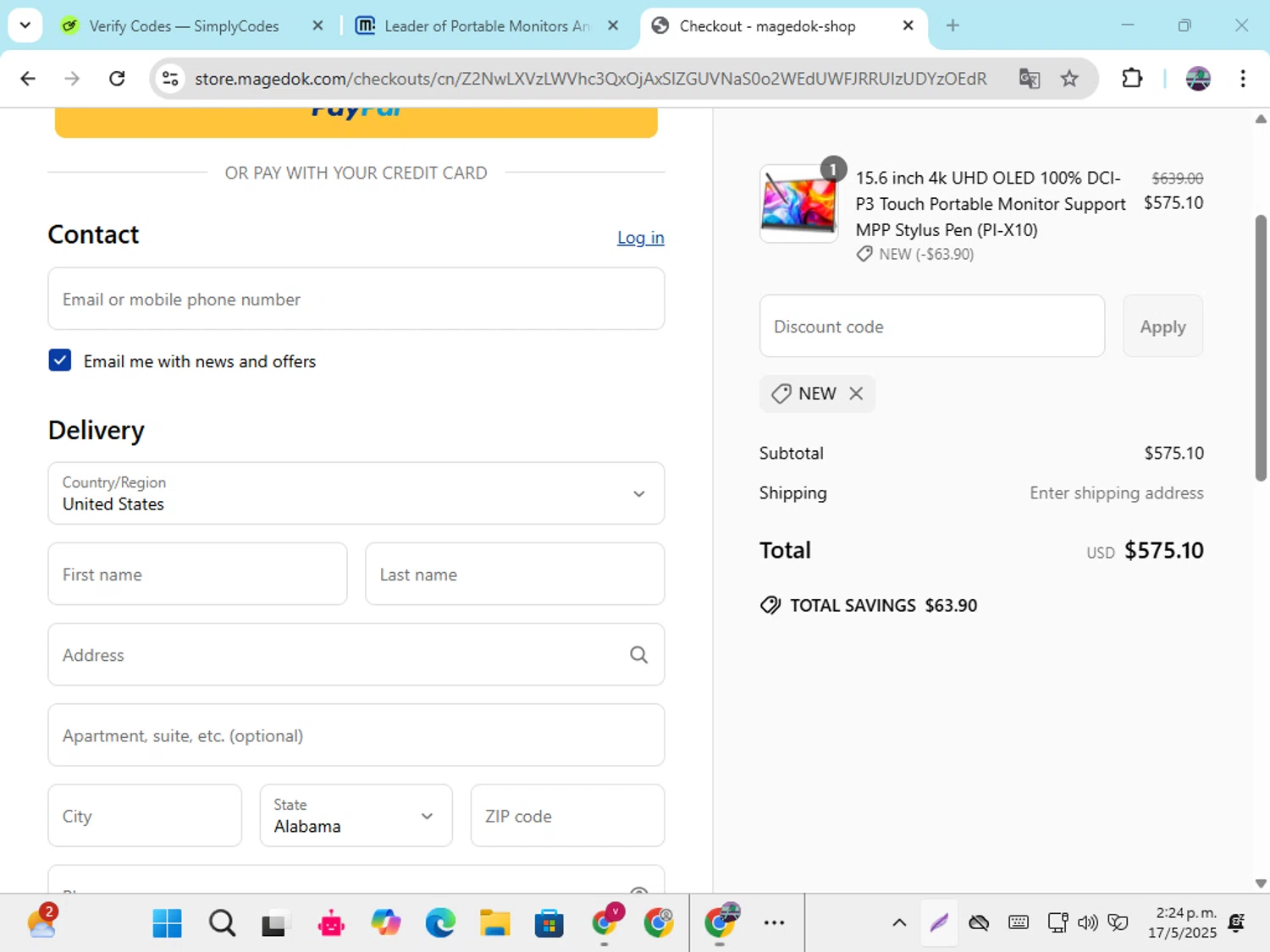 MageDok promo code screenshot showing code NEW applied at MageDok checkout page. Uploaded by SimplyCodes community member DiscountGenius6081 on May 17, 2025