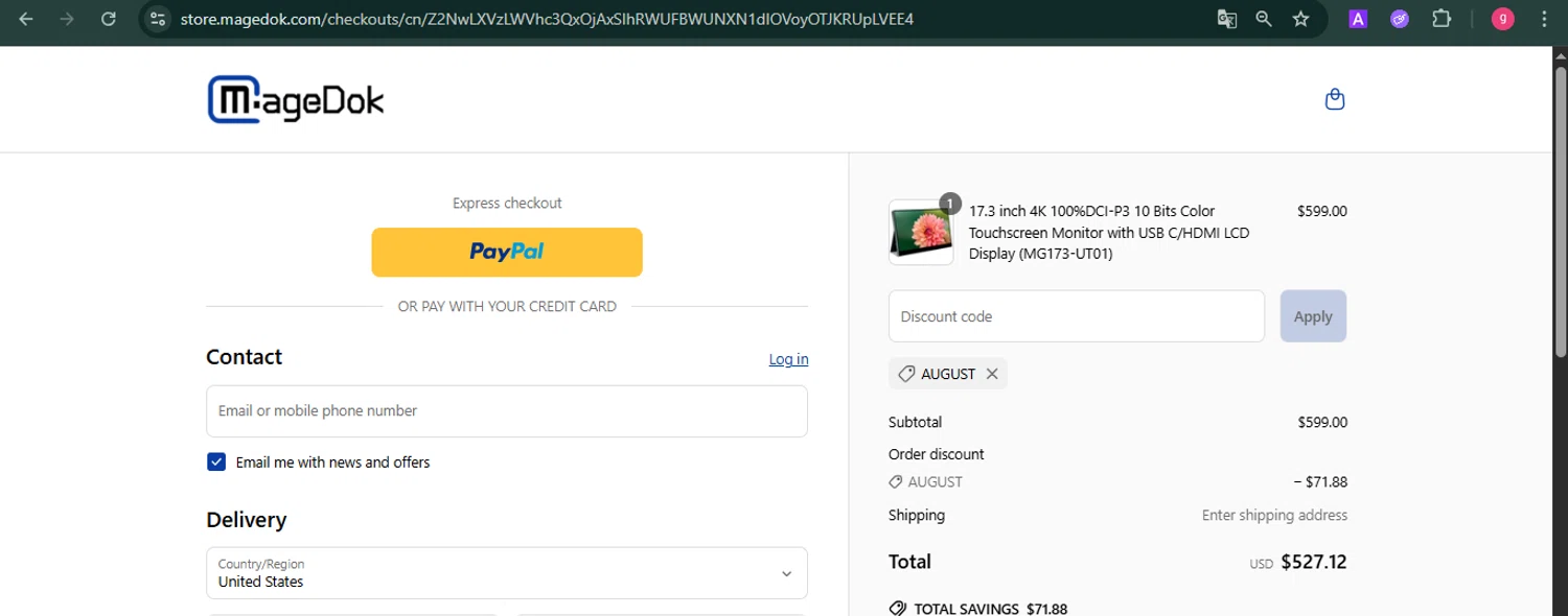 MageDok promo code screenshot showing code AUGUST applied at MageDok checkout page. Uploaded by SimplyCodes community member MoneyFalcon481 on Jun 14, 2025