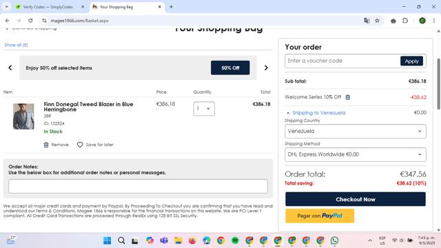 Magee 1866 checkout page showing Magee 1866 discount code box | Screenshot taken by SimplyCodes community member on May 9, 2025