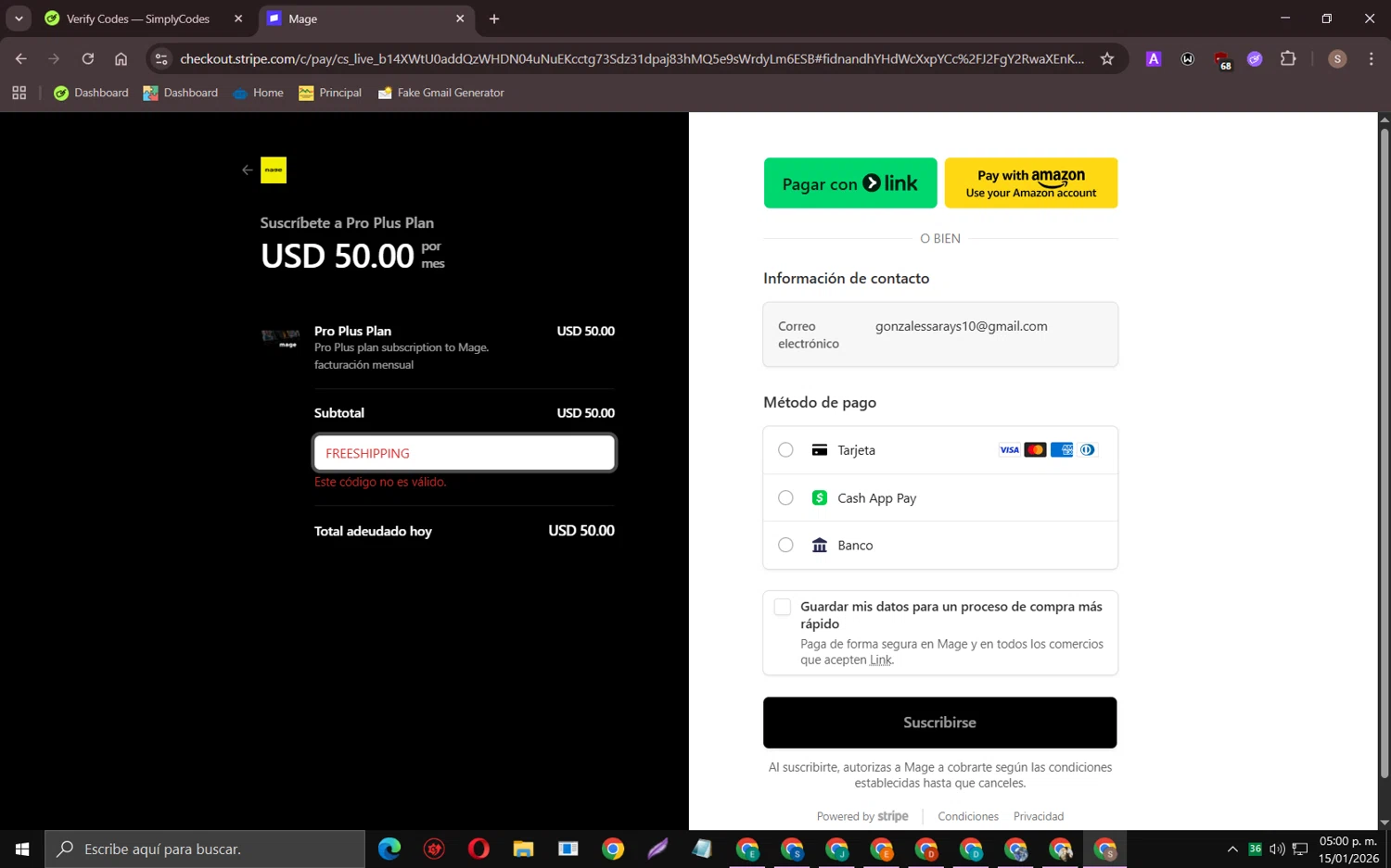 Mage.Space promo code screenshot showing code FREESHIPPING applied at Mage.Space checkout page. Uploaded by SimplyCodes community member TreasurePioneer6575 on Jan 15, 2026