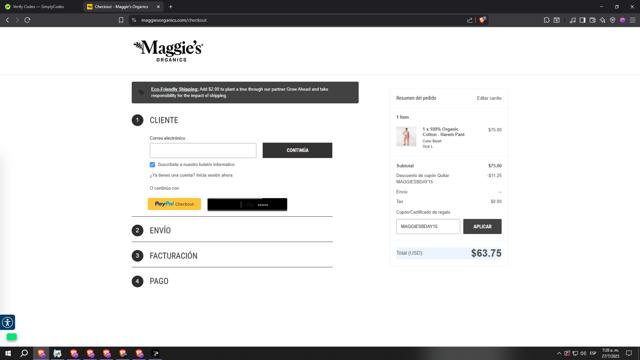 Maggie's Organics checkout page showing Maggie's Organics coupon code box | Screenshot taken by SimplyCodes community member on Jul 27, 2025