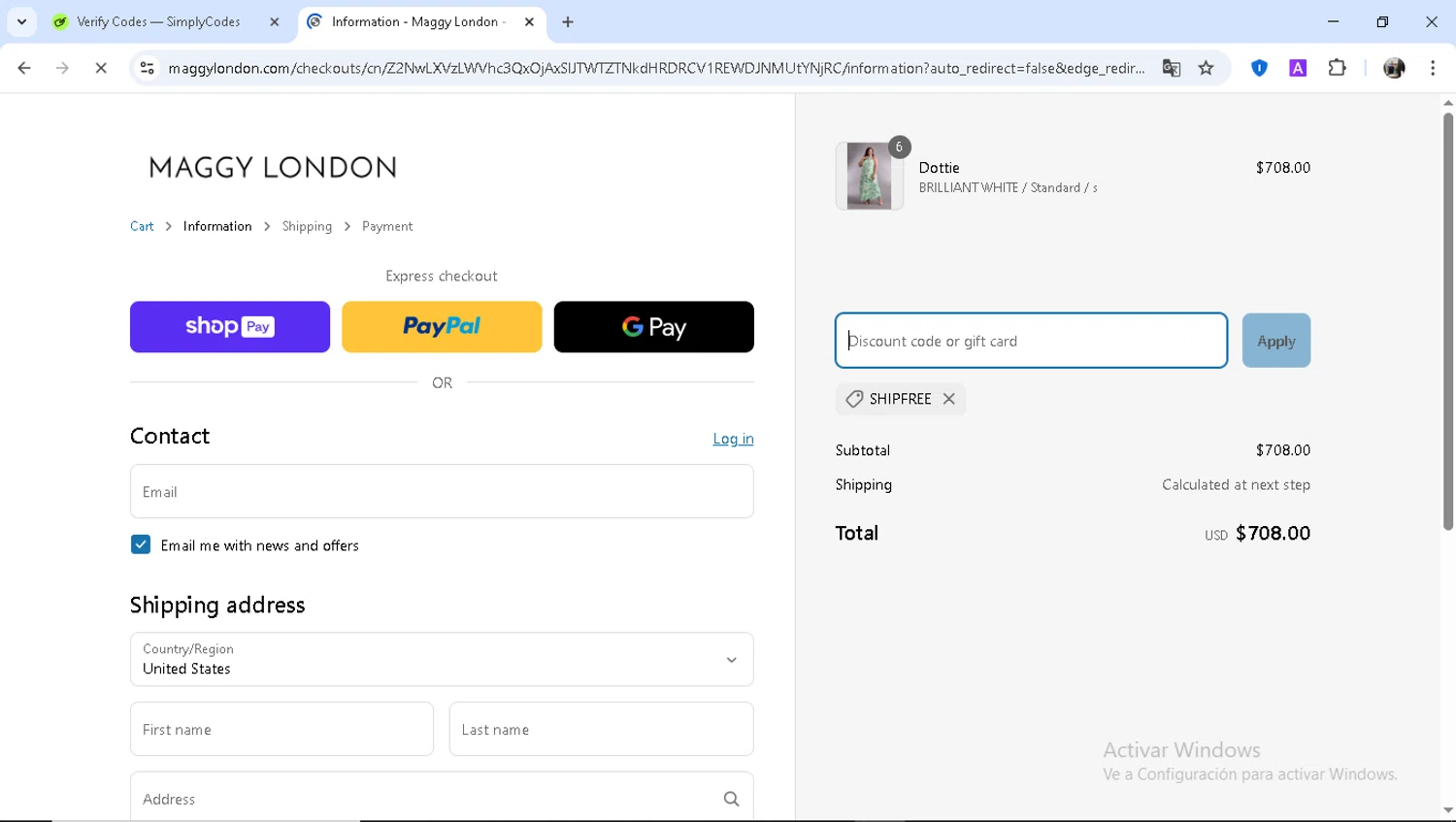 Maggy London discount code screenshot showing code SHIPFREE applied at Maggy London checkout page. Uploaded by SimplyCodes community member Epa_yava on Apr 14, 2025