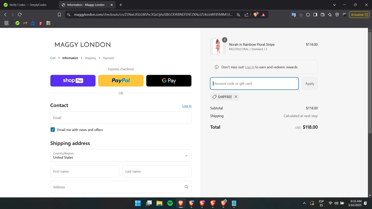 Maggy London discount code screenshot showing code SHIPFREE applied at Maggy London checkout page. Uploaded by SimplyCodes community member Liiink on Mar 16, 2025