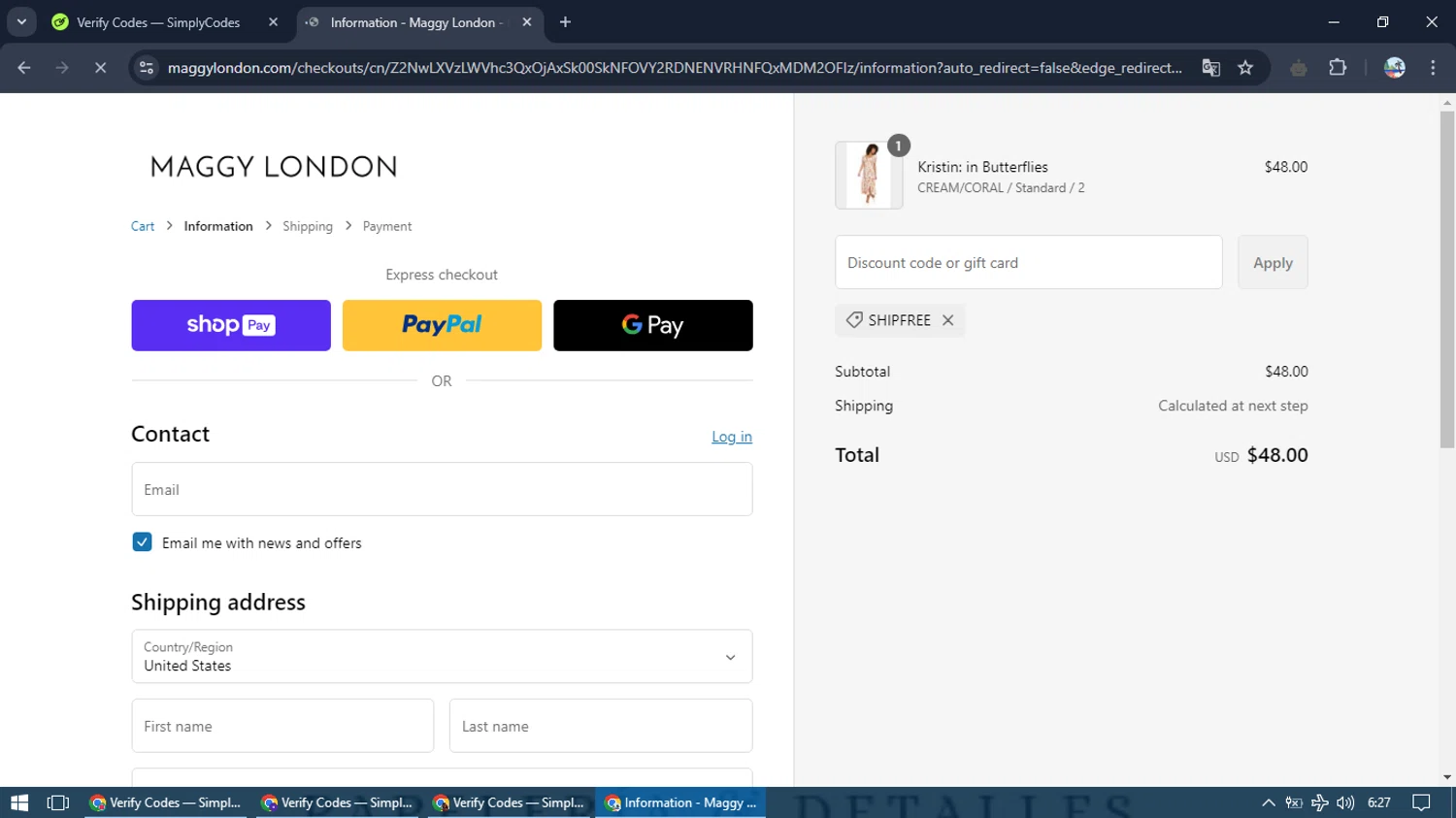 Maggy London discount code screenshot showing code SHIPFREE applied at Maggy London checkout page. Uploaded by SimplyCodes community member PromoMonarch5278 on Feb 15, 2025