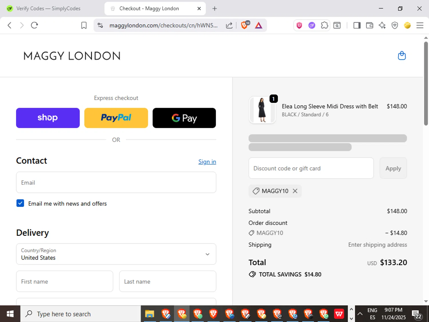 Maggy London discount code screenshot showing code Maggy10 applied at Maggy London checkout page. Uploaded by SimplyCodes community member QuestWarden1268 on Nov 25, 2025