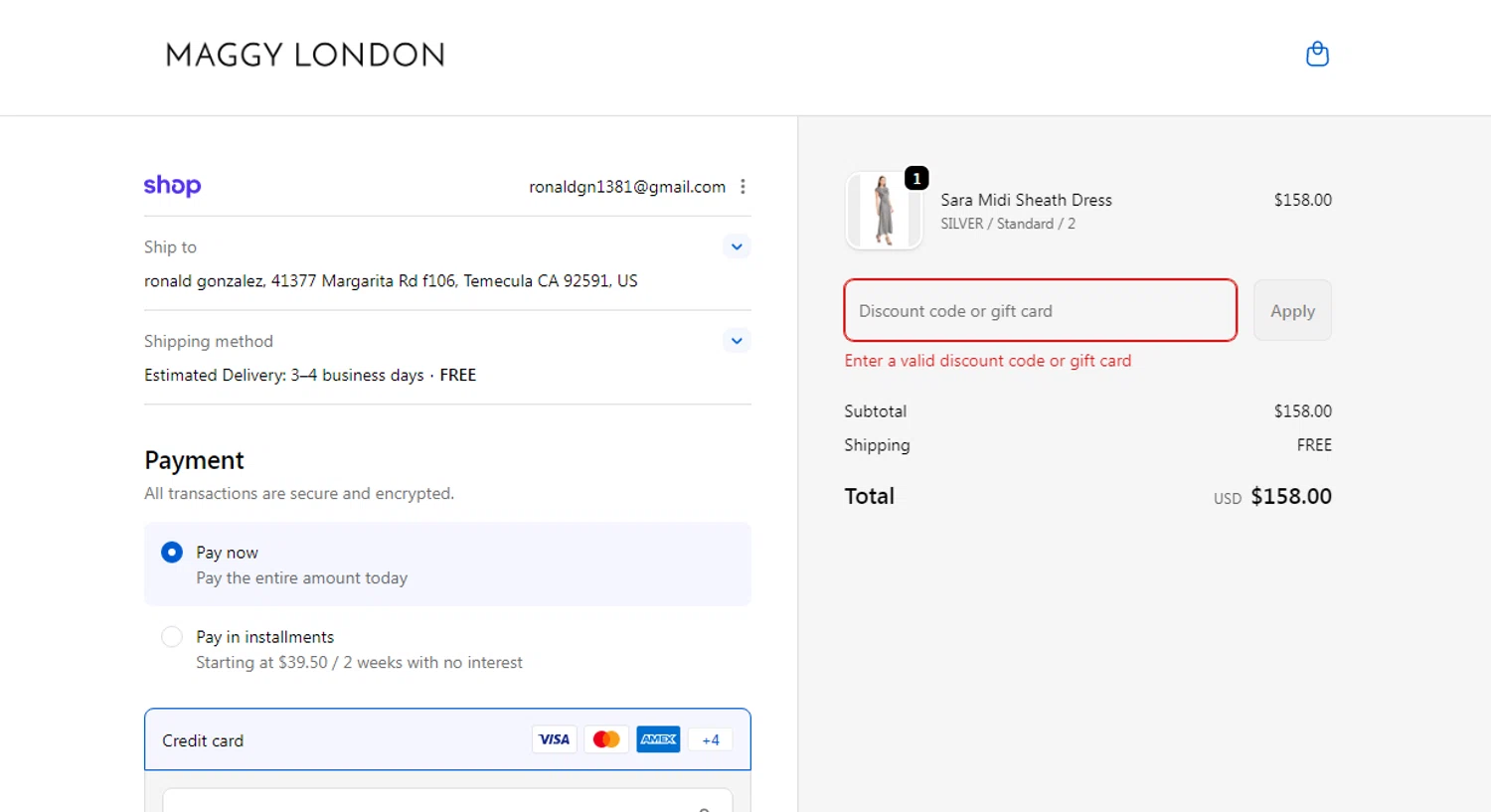 Maggy London discount code screenshot showing code VINEETA15 applied at Maggy London checkout page. Uploaded by SimplyCodes community member SavvyHawk656 on Feb 5, 2026
