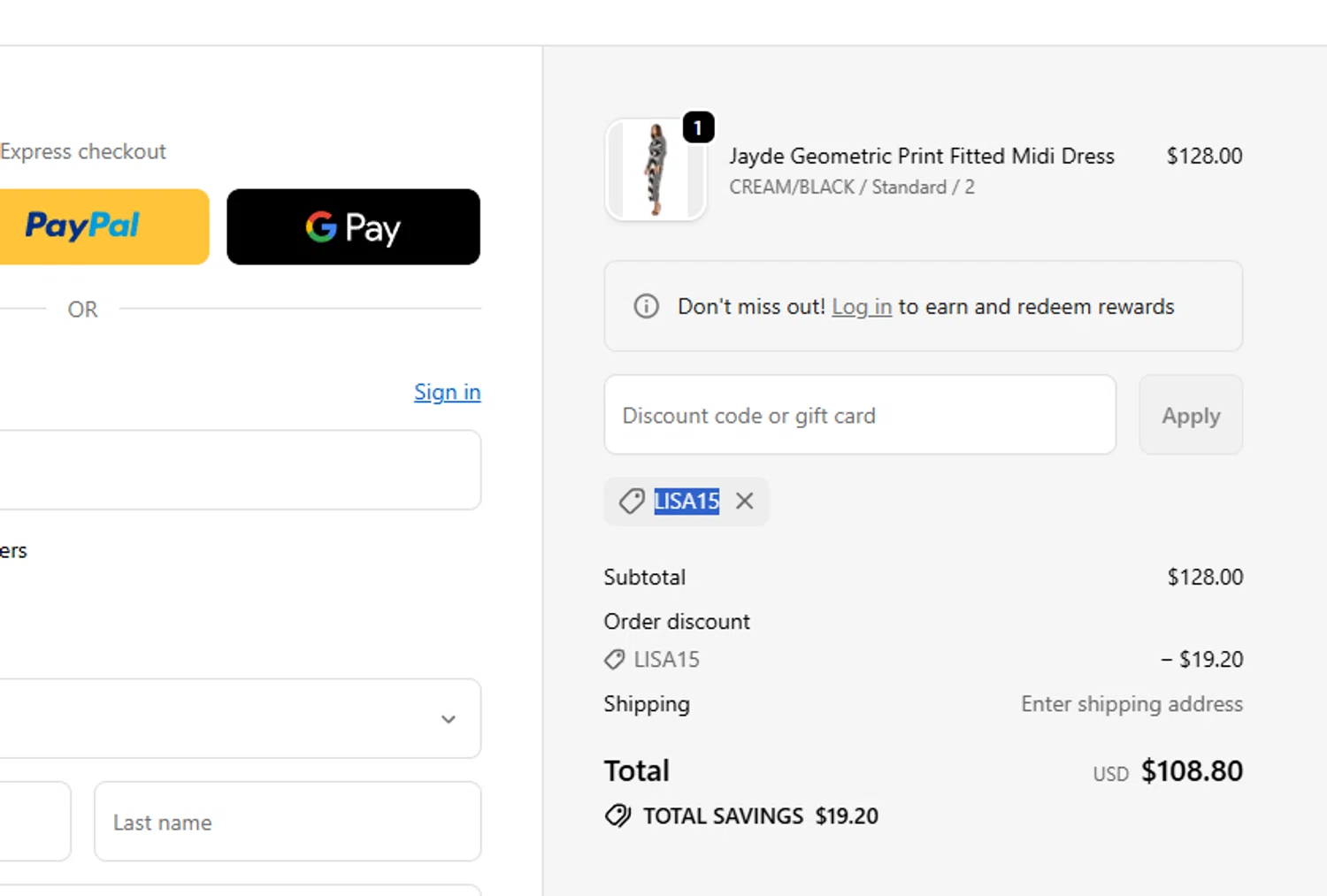 Maggy London discount code screenshot showing code LISA15 applied at Maggy London checkout page. Uploaded by SimplyCodes community member chepipi on Jan 11, 2026