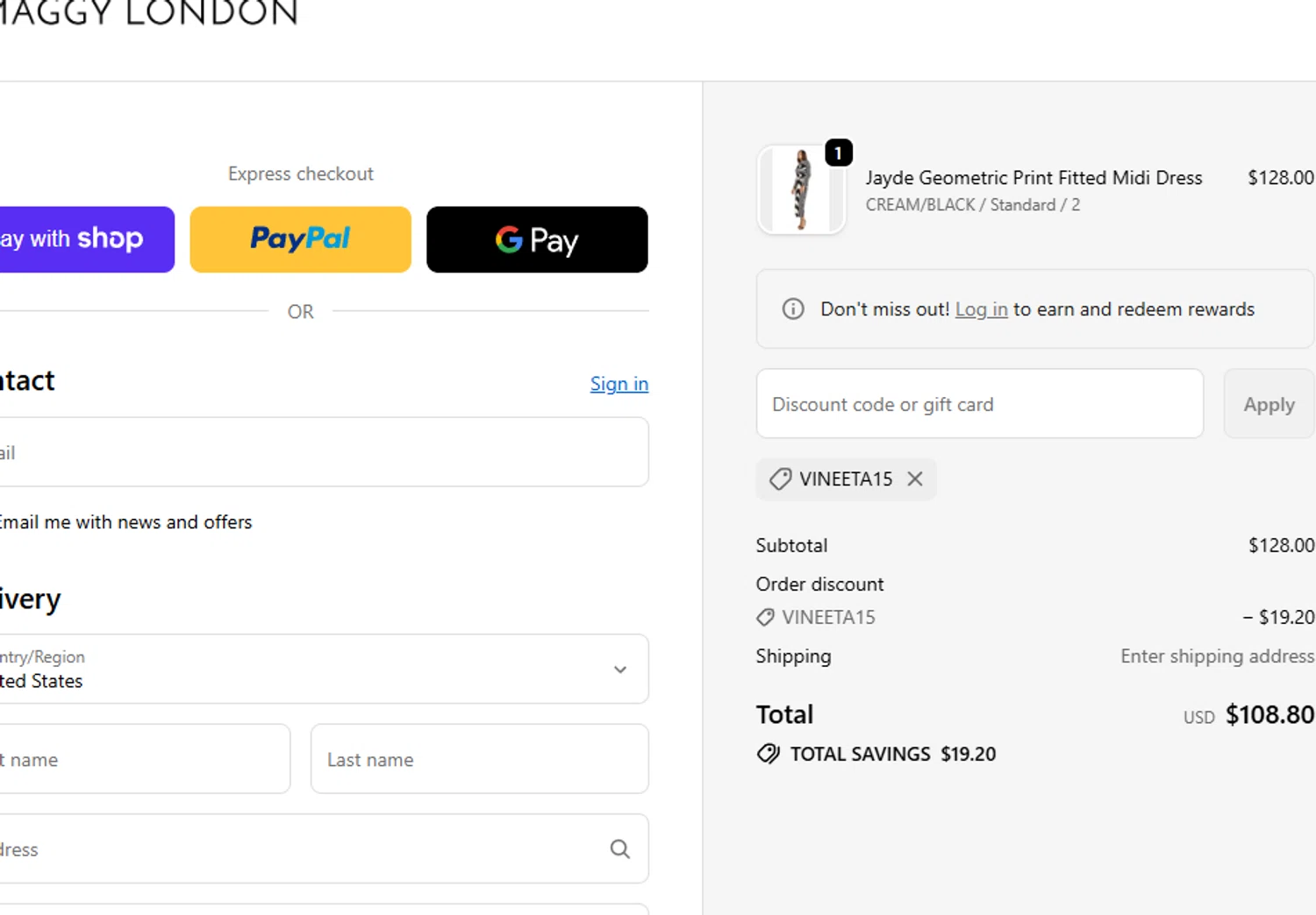Maggy London discount code screenshot showing code VINEETA15 applied at Maggy London checkout page. Uploaded by SimplyCodes community member chepipi on Jan 11, 2026