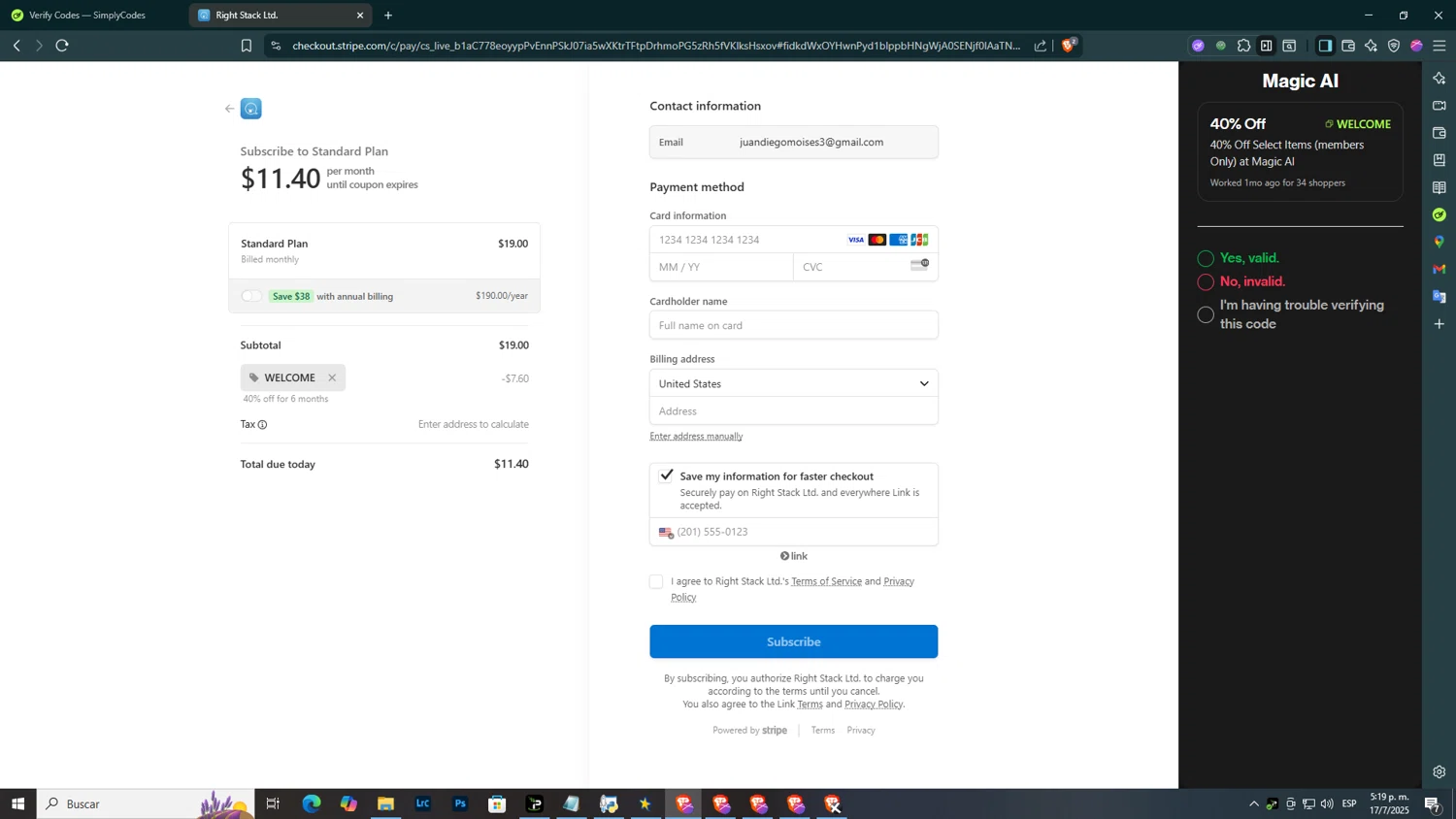 Magic AI checkout page showing Magic AI discount code box | Screenshot taken by SimplyCodes community member on Jul 17, 2025