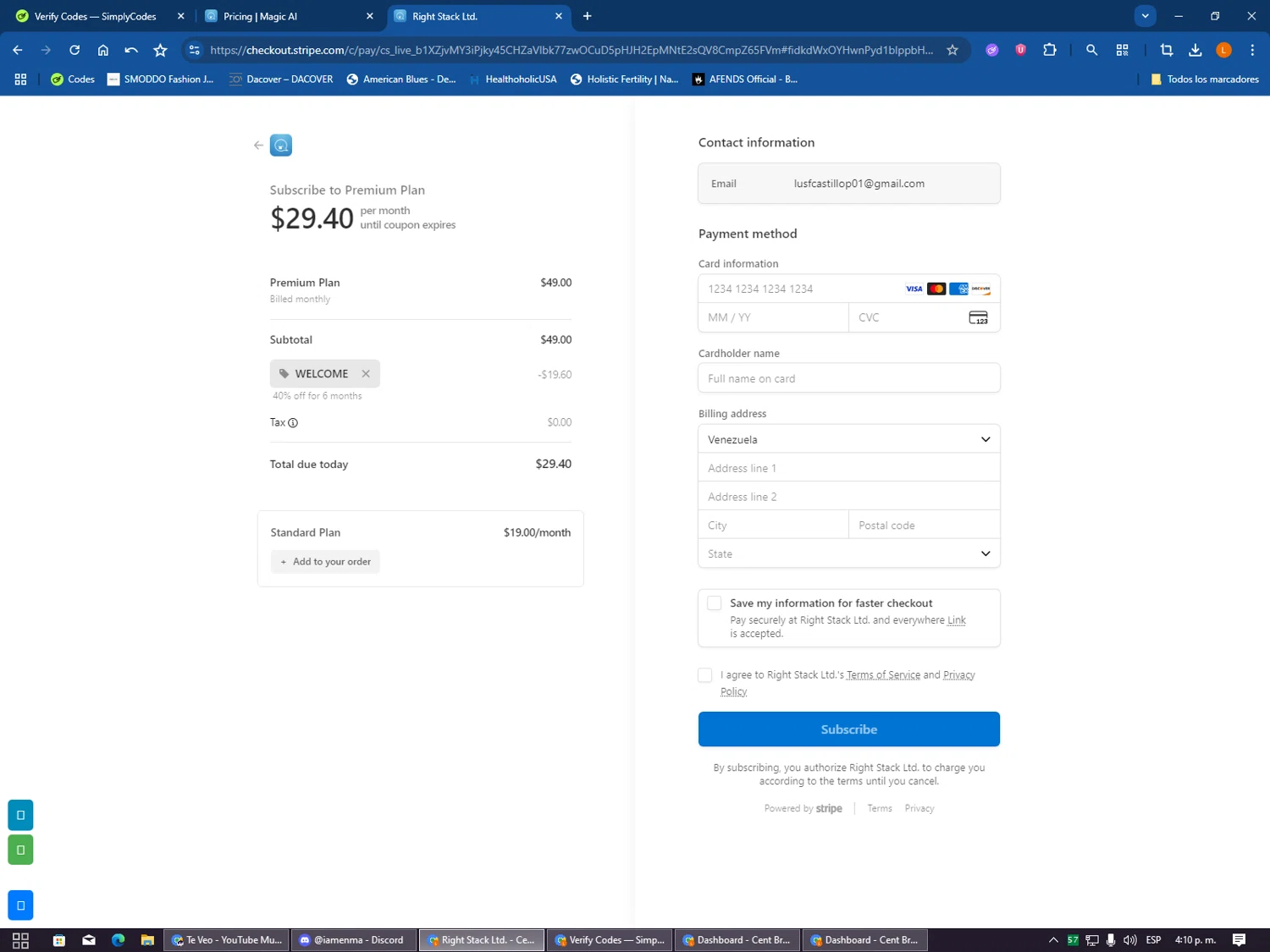Magic AI discount code screenshot showing code WELCOME applied at Magic AI checkout page. Uploaded by SimplyCodes community member VictoriousSentinel2155 on Sep 9, 2025