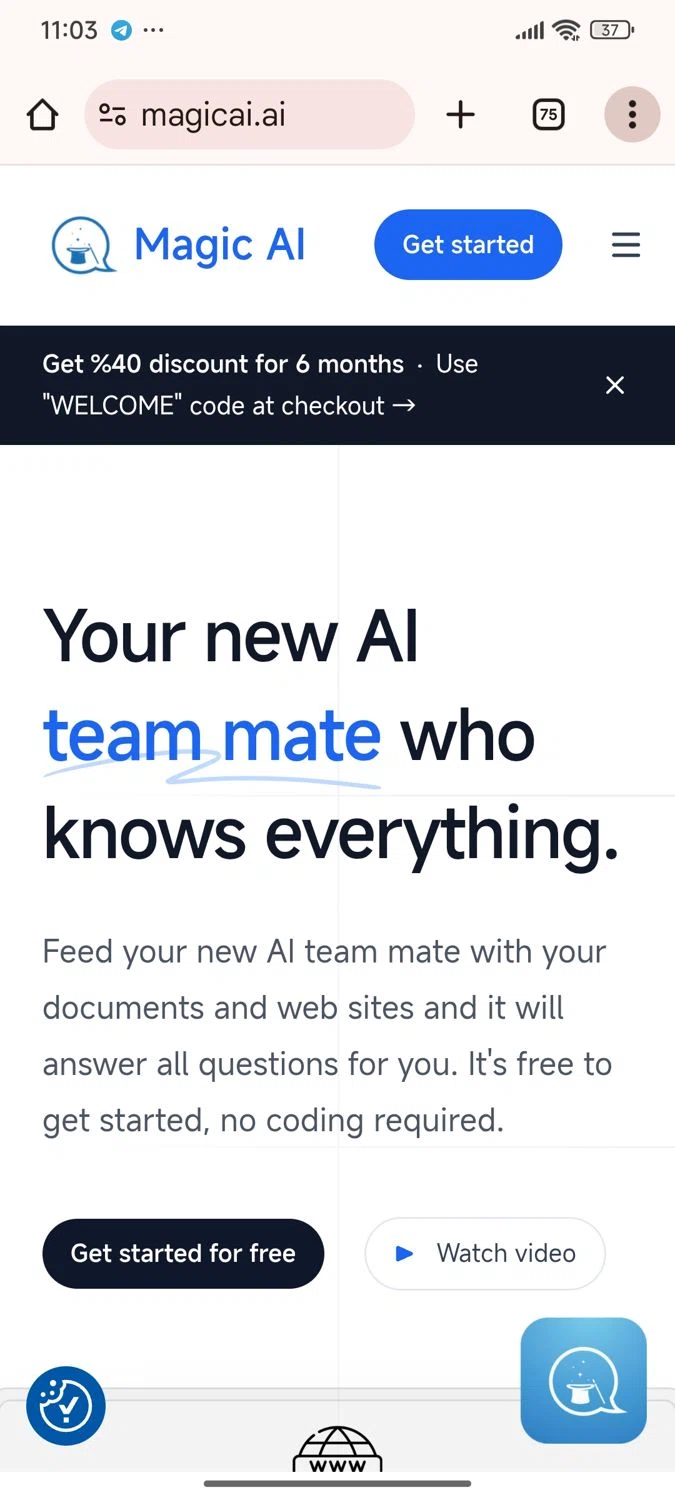 Magic AI discount code screenshot showing code WELCOME applied at Magic AI checkout page. Uploaded by SimplyCodes community member luisaballera on Aug 15, 2025