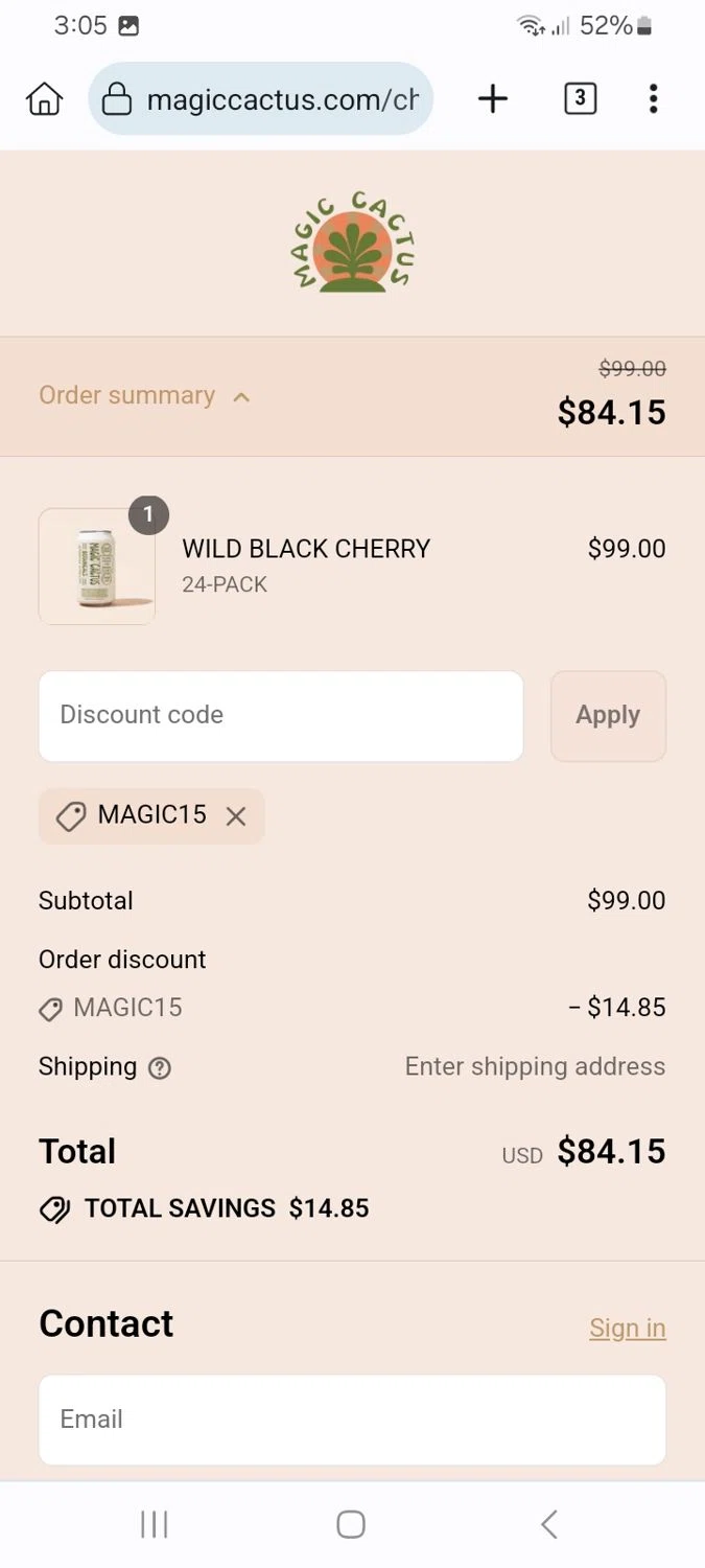 MAGIC CACTUS discount code screenshot showing code MAGIC15 applied at MAGIC CACTUS checkout page. Uploaded by SimplyCodes community member ScanMaverick9378 on Sep 10, 2025