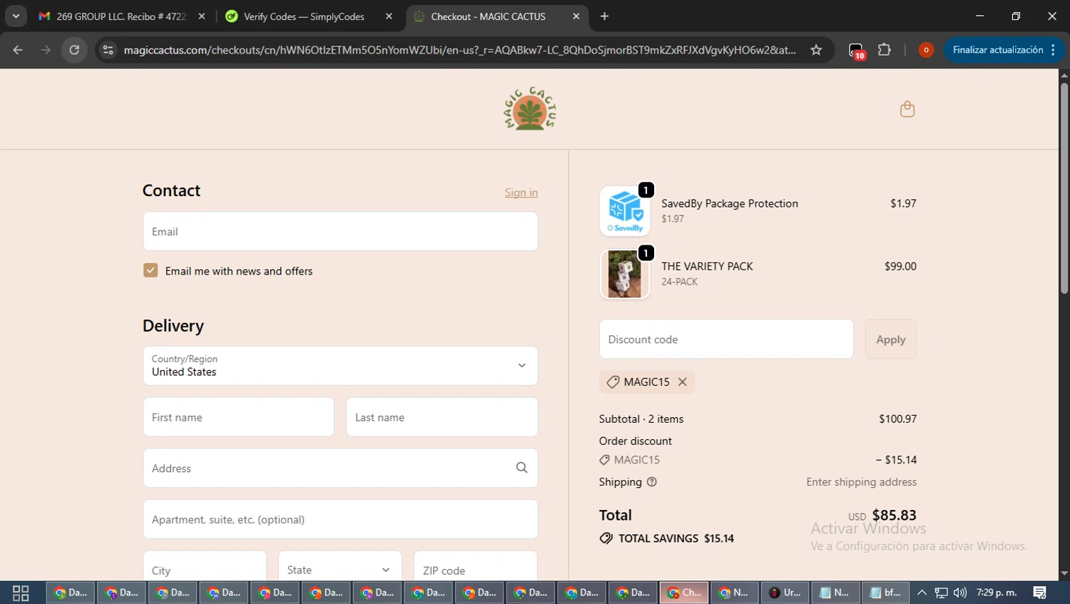 MAGIC CACTUS discount code screenshot showing code MAGIC15 applied at MAGIC CACTUS checkout page. Uploaded by SimplyCodes community member WiseTracker2171 on Dec 13, 2025