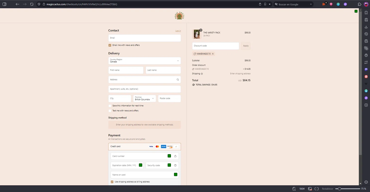 MAGIC CACTUS discount code screenshot showing code MAKEMAGIC15 applied at MAGIC CACTUS checkout page. Uploaded by SimplyCodes community member RINITOSHI on Aug 7, 2025