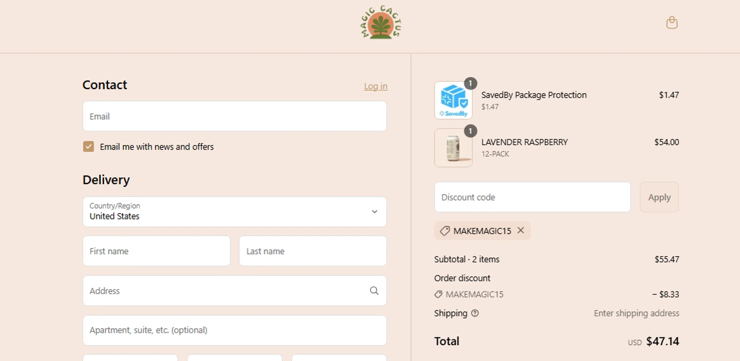 MAGIC CACTUS discount code screenshot showing code MAKEMAGIC15 applied at MAGIC CACTUS checkout page. Uploaded by SimplyCodes community member Jhonny on Jun 28, 2025