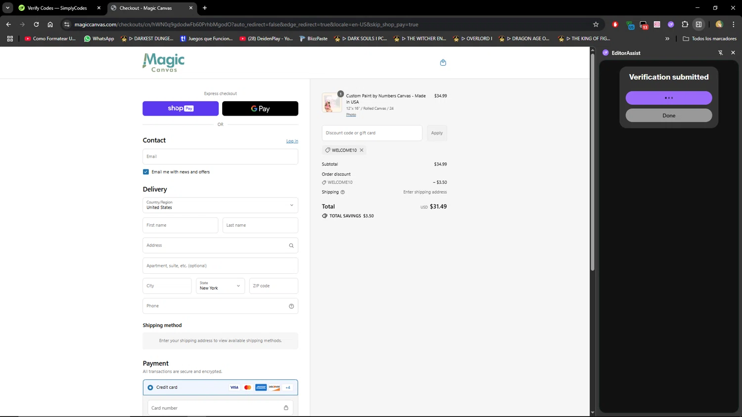 Magic Canvas promo code screenshot showing code welcome10 applied at Magic Canvas checkout page. Uploaded by SimplyCodes community member MiauMiau on Jul 20, 2025