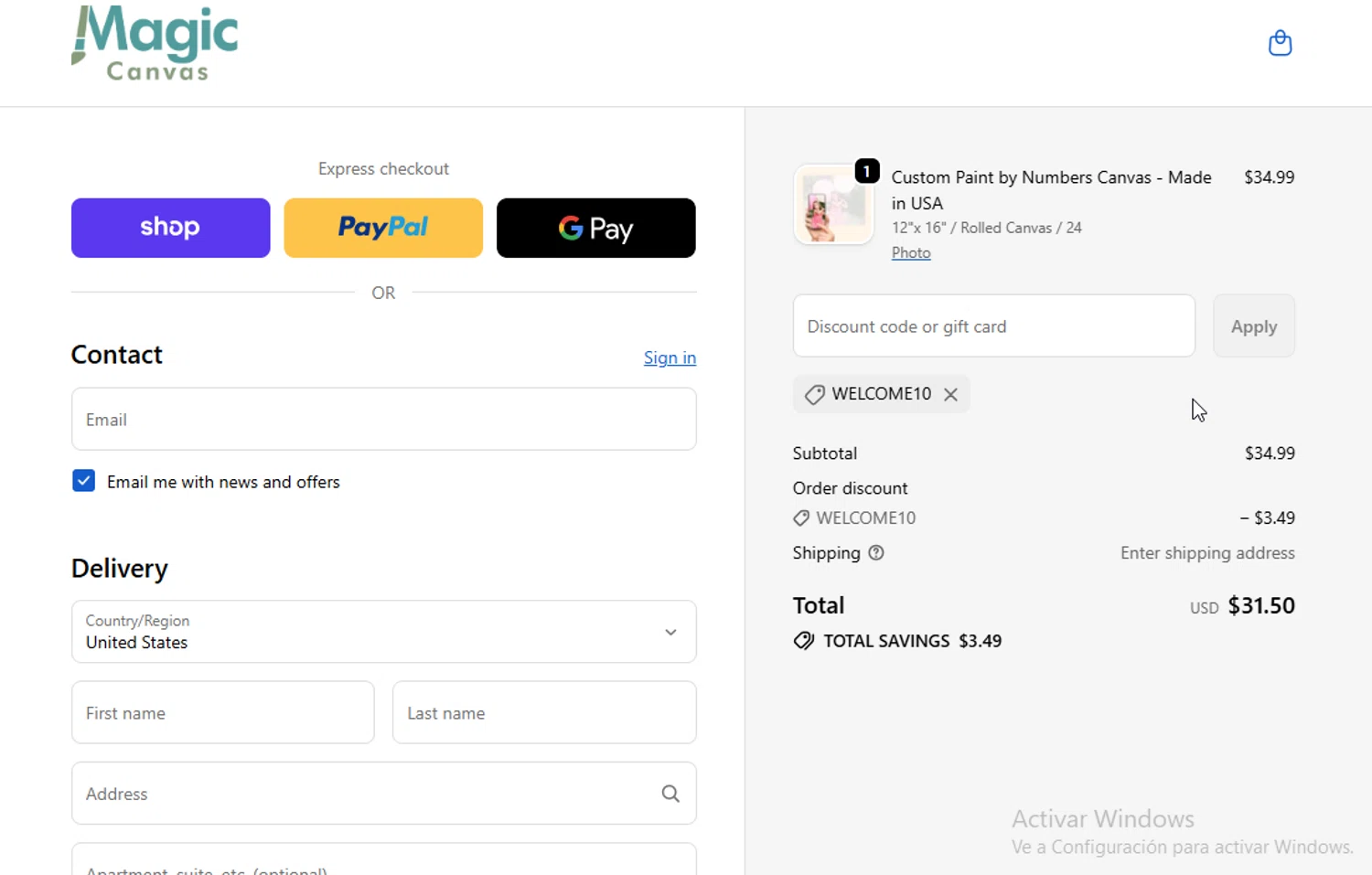 Magic Canvas promo code screenshot showing code welcome10 applied at Magic Canvas checkout page. Uploaded by SimplyCodes community member WonderW on Oct 31, 2025
