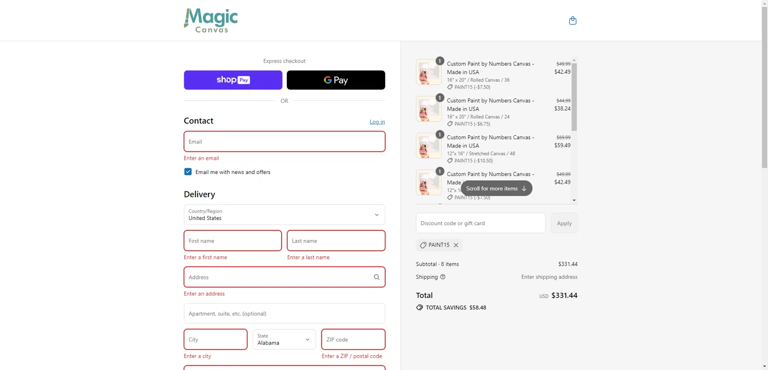 Magic Canvas promo code screenshot showing code PAINT15 applied at Magic Canvas checkout page. Uploaded by SimplyCodes community member NobleMaestro6498 on Jul 20, 2025