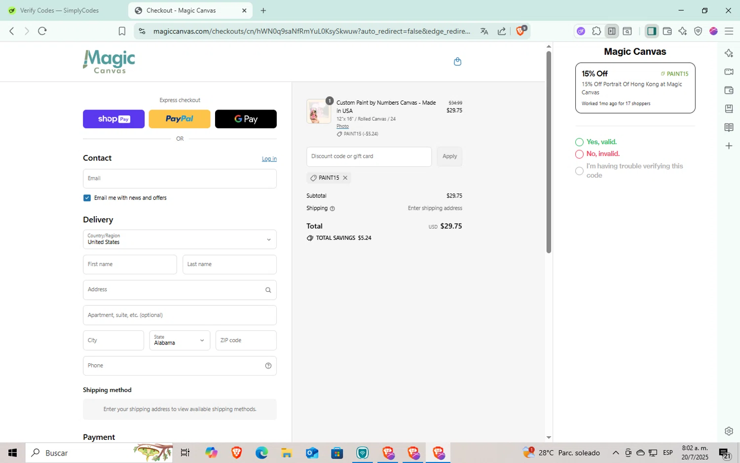 Magic Canvas promo code screenshot showing code PAINT15 applied at Magic Canvas checkout page. Uploaded by SimplyCodes community member Puta_madre10 on Jul 20, 2025