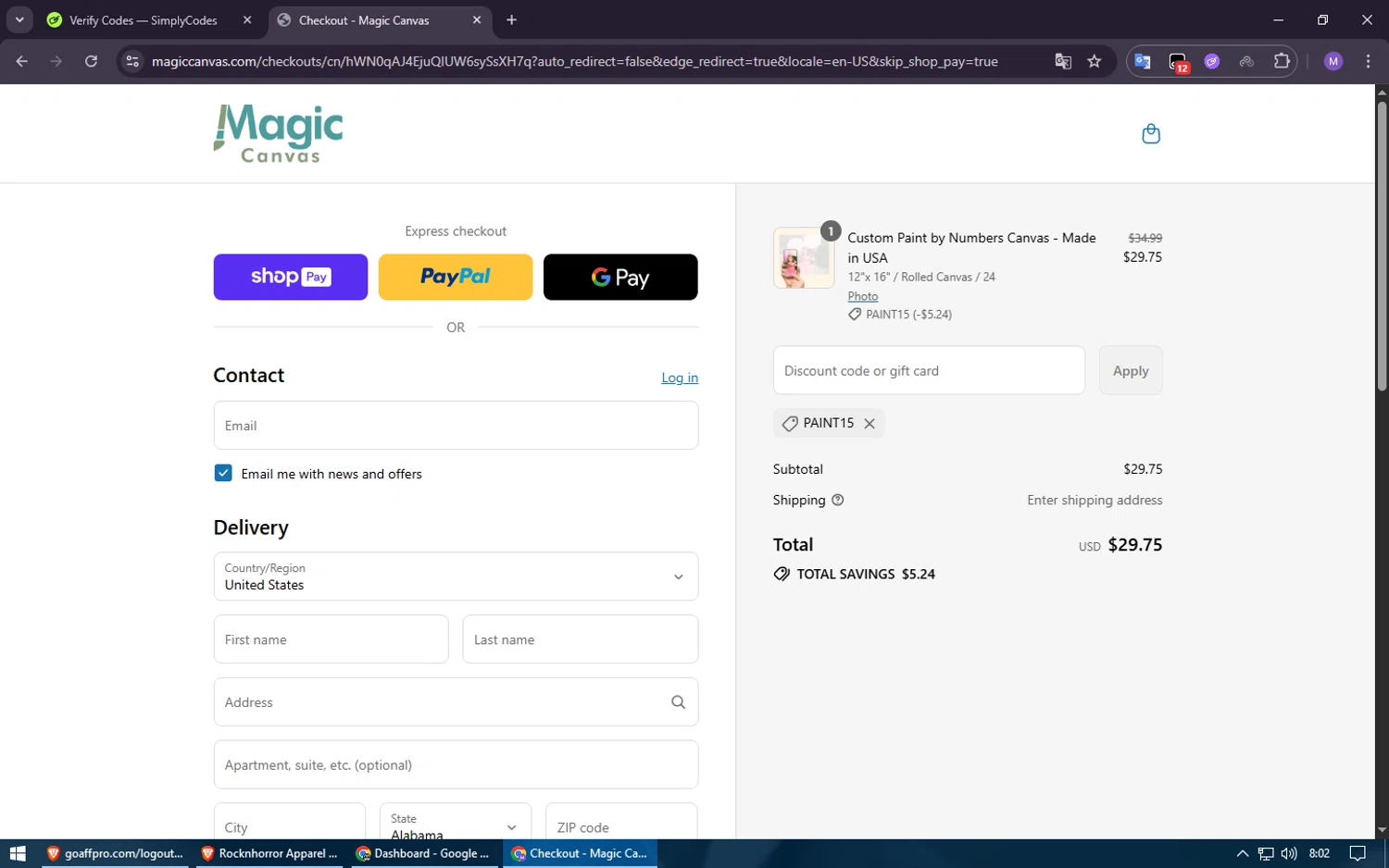 Magic Canvas promo code screenshot showing code PAINT15 applied at Magic Canvas checkout page. Uploaded by SimplyCodes community member Voucher200 on Jul 20, 2025