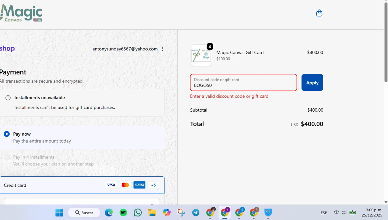 Magic Canvas promo code screenshot showing code BOGO50 applied at Magic Canvas checkout page. Uploaded by SimplyCodes community member Lamadama on Dec 25, 2025
