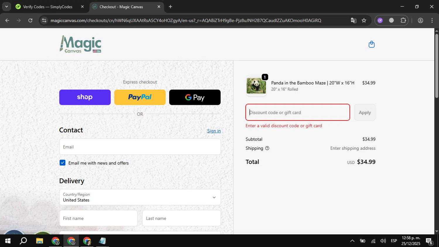 Magic Canvas promo code screenshot showing code BOGO50 applied at Magic Canvas checkout page. Uploaded by SimplyCodes community member kuromii on Dec 25, 2025