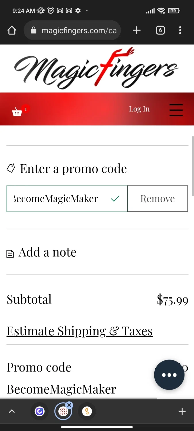 Magic Fingers checkout page showing Magic Fingers promo code box | Screenshot taken by SimplyCodes community member on Nov 5, 2022
