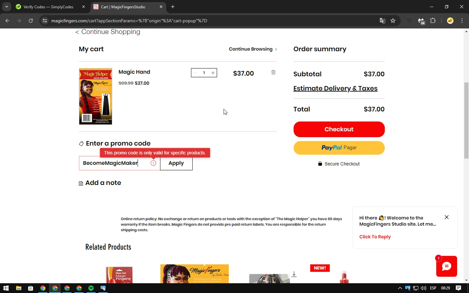 Magic Fingers checkout page showing Magic Fingers promo code box | Screenshot taken by SimplyCodes community member on Jul 26, 2024