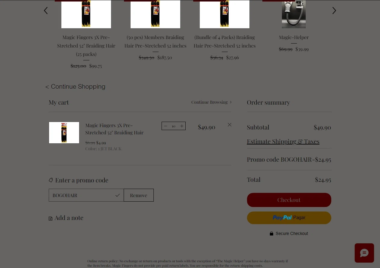 Magic Fingers checkout page showing Magic Fingers promo code box | Screenshot taken by SimplyCodes community member on Mar 17, 2023