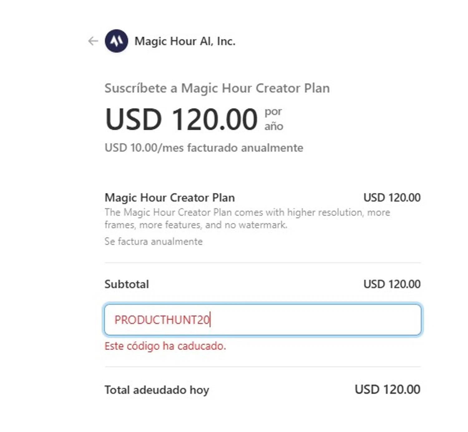 Magic Hour AI promo code screenshot showing code PRODUCTHUNT20 applied at Magic Hour AI checkout page. Uploaded by SimplyCodes community member Olorinnnnn on Jan 30, 2025
