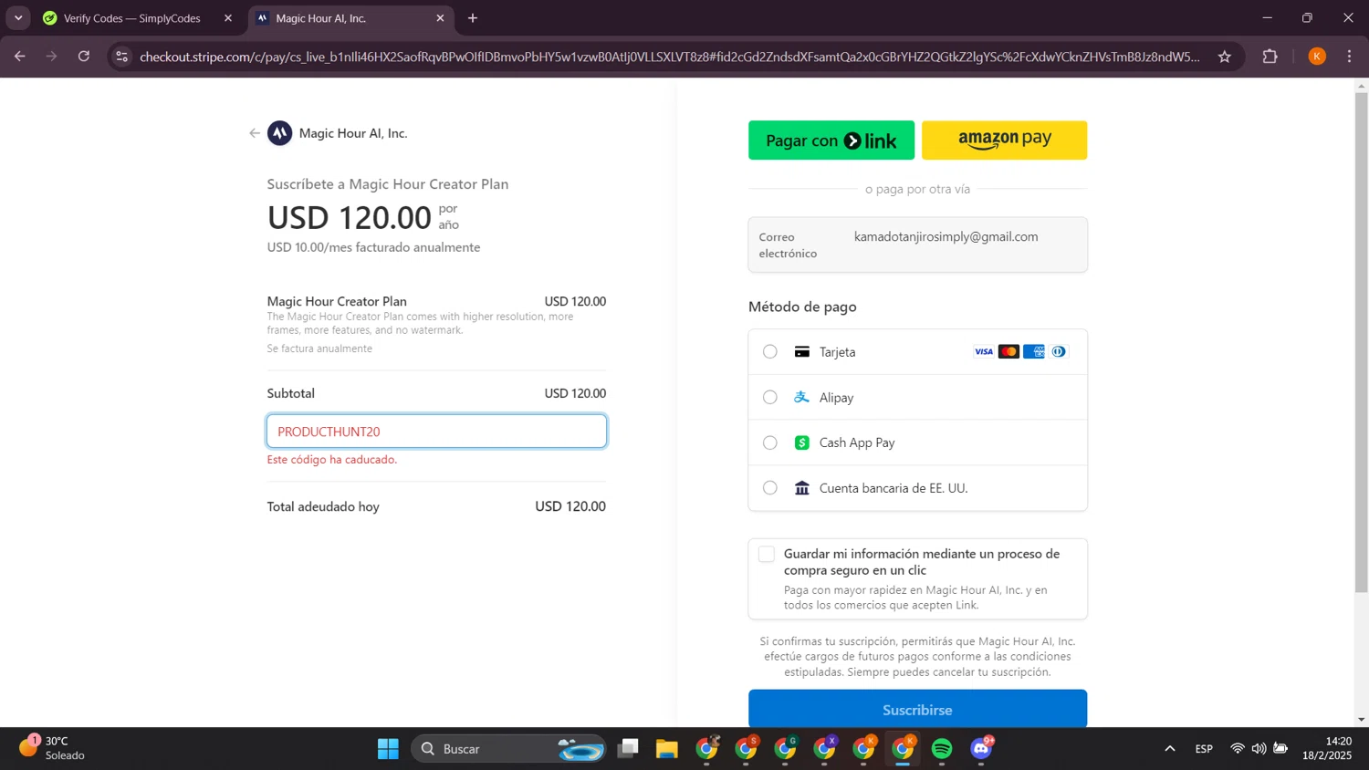 Magic Hour AI promo code screenshot showing code PRODUCTHUNT20 applied at Magic Hour AI checkout page. Uploaded by SimplyCodes community member davidsalazar on Feb 18, 2025